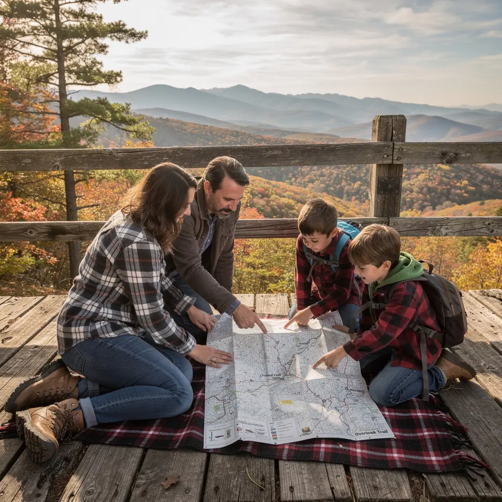Rodzina podróżująca samochodem z mapą w ręku, planująca trasę.